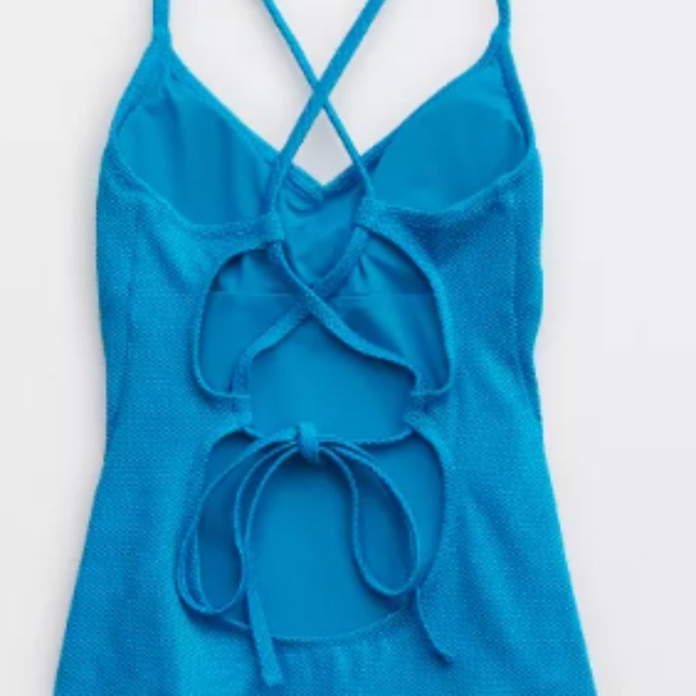 BRIGHT BLUE - Aerie Shine Pique Strappy Back One Piece Swimsuit